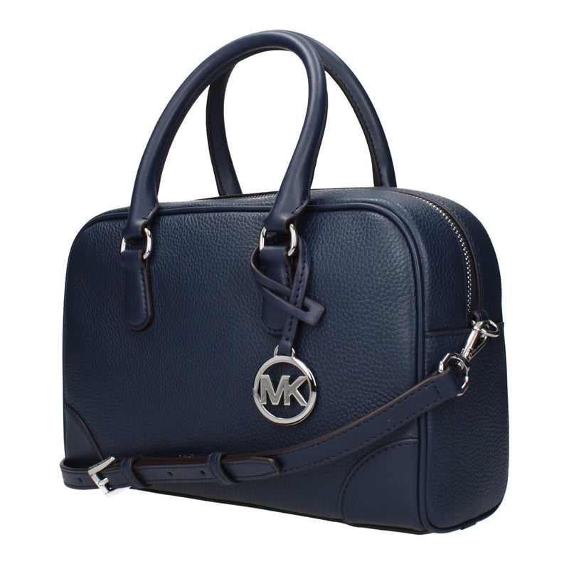 Navy blue leather Michael Kors satchel handbag with dual top handles, silver hardware, and hanging MK logo charm