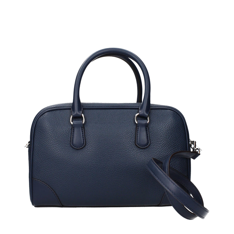 Dark blue pebbled leather handbag with twin top handles and a matching shoulder strap