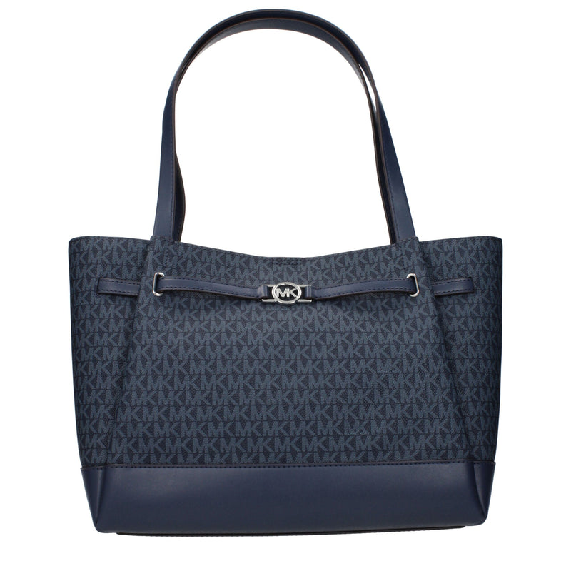 Blue fabric monogram shoulder bag with leather trim and silver MK logo hardware
