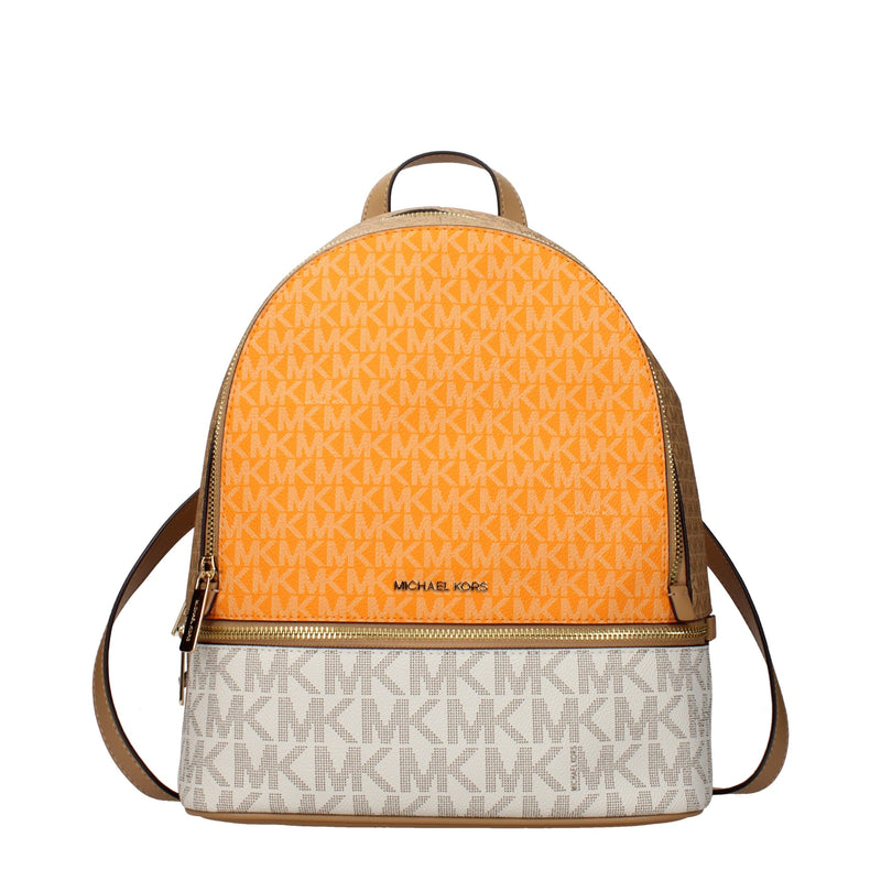 Michael Kors beige and orange monogram fabric backpack with gold hardware and front zip pocket