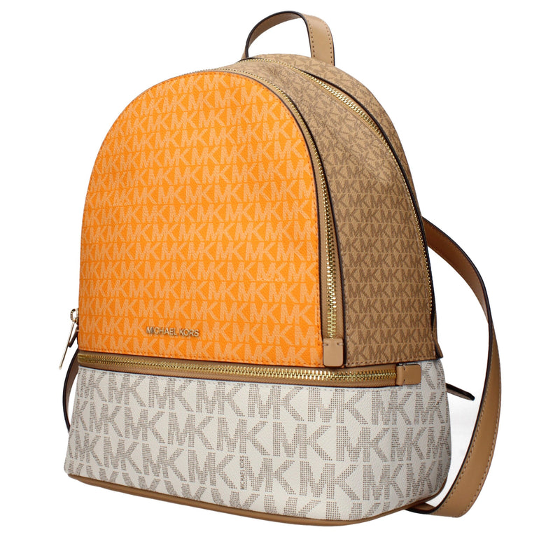 Michael Kors colorblock fabric backpack with orange, beige, and white MK monogram patterns and tan leather trim
