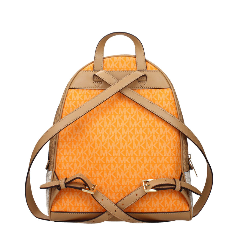 Orange canvas Michael Kors backpack with beige leather straps and logo print