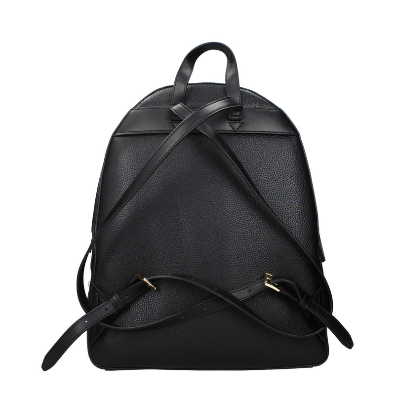 Back view of a black pebbled leather backpack with adjustable straps and a top handle