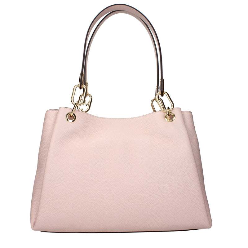 Light pink leather shoulder bag with gold-tone hardware and twin straps