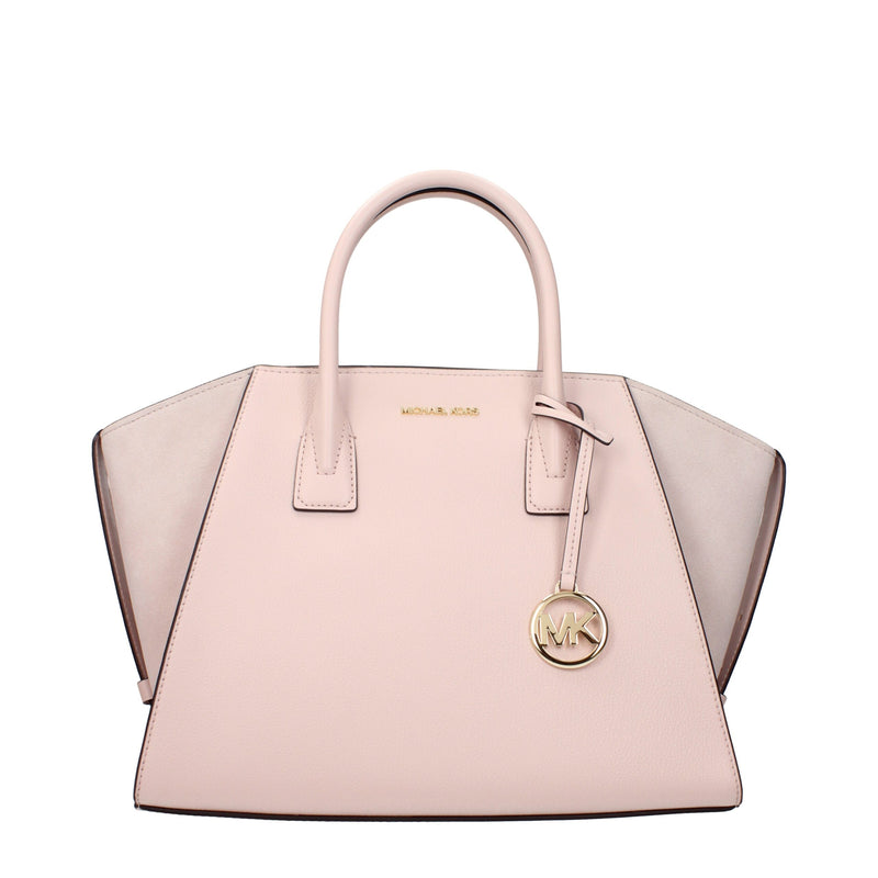 Light pink leather structured satchel handbag with top handles and gold MK logo charm