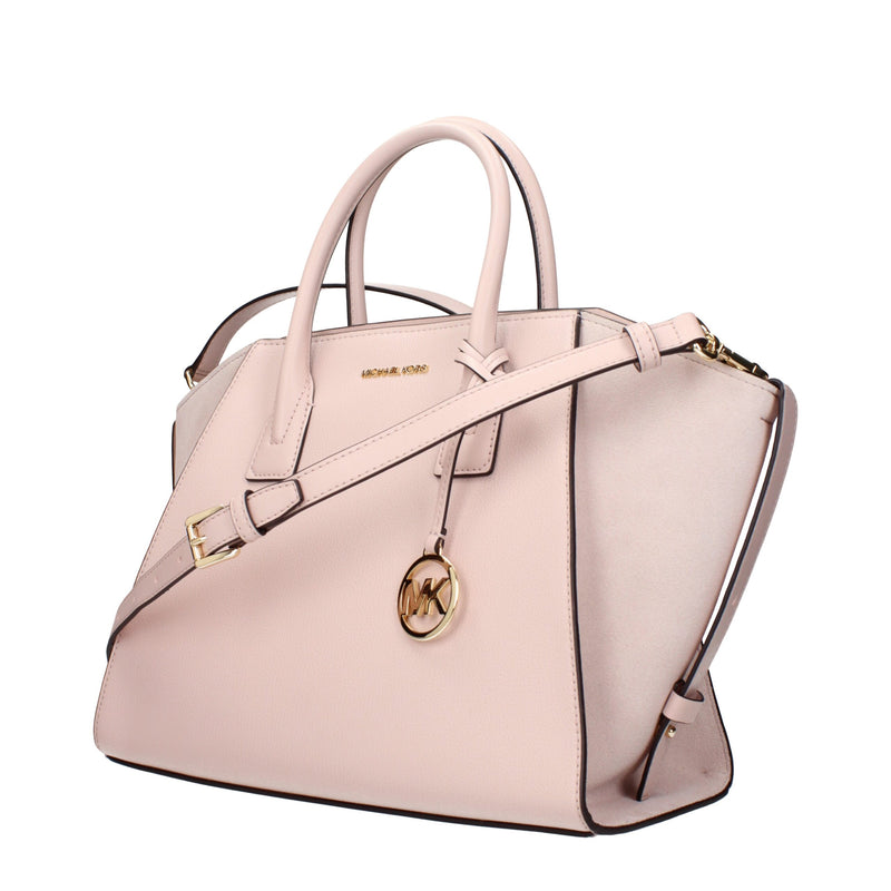 Light pink leather structured Michael Kors handbag with top handles, shoulder strap, and gold hardware