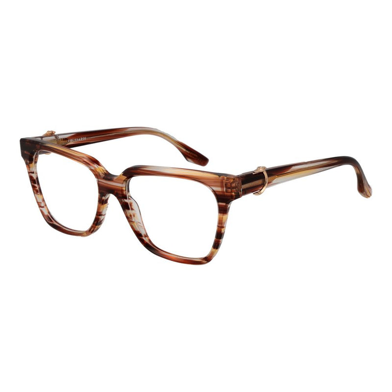 Orange striped acetate eyeglass frames with thick square rims and metallic hinges