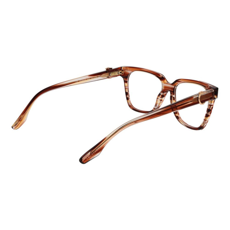 Trussardi orange tortoiseshell acetate eyeglass frames viewed from the back angle