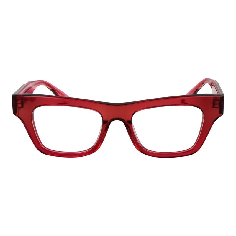 Translucent red acetate eyeglass frames in a bold, angular style