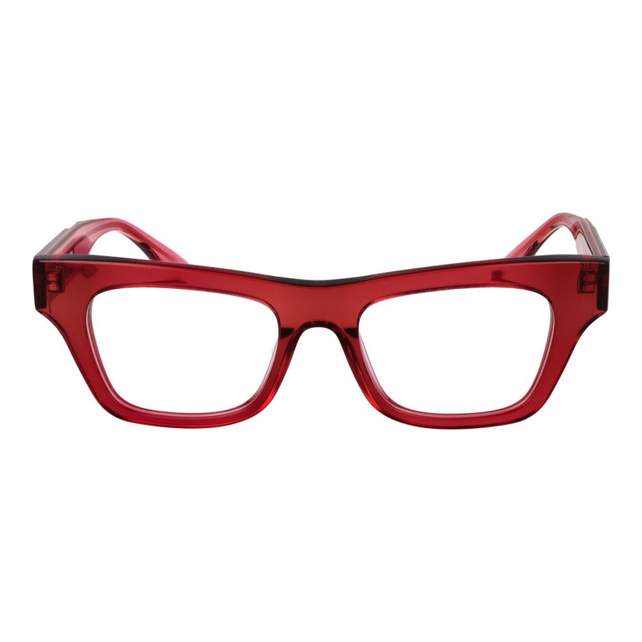 Glossy purple acetate eyeglass frames with thick, bold rectangular rims and wide temples featuring gold branding