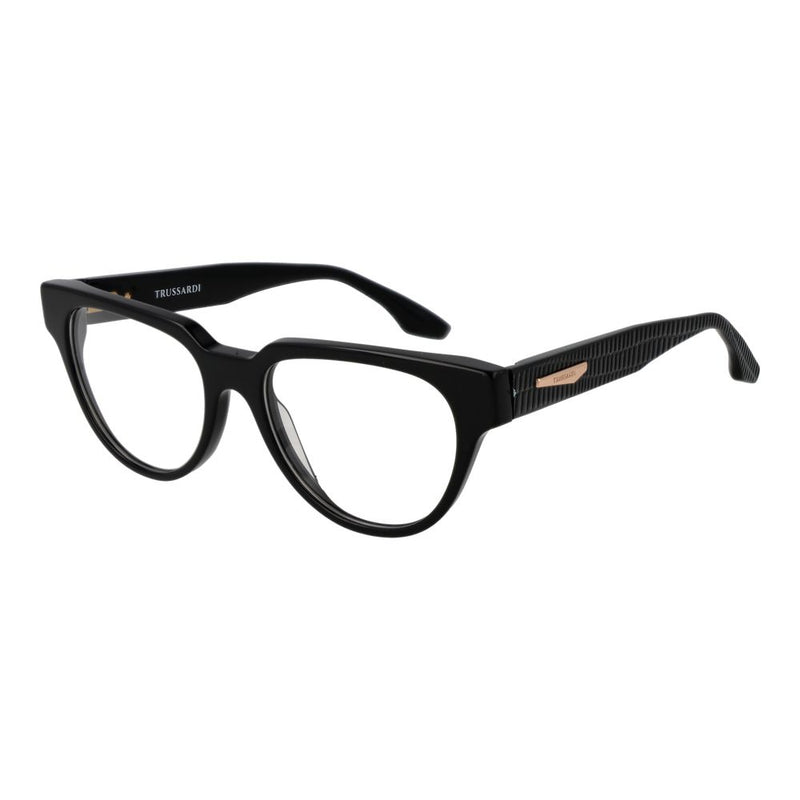 Black acetate cat-eye eyeglass frames with textured temples and gold logo plaque