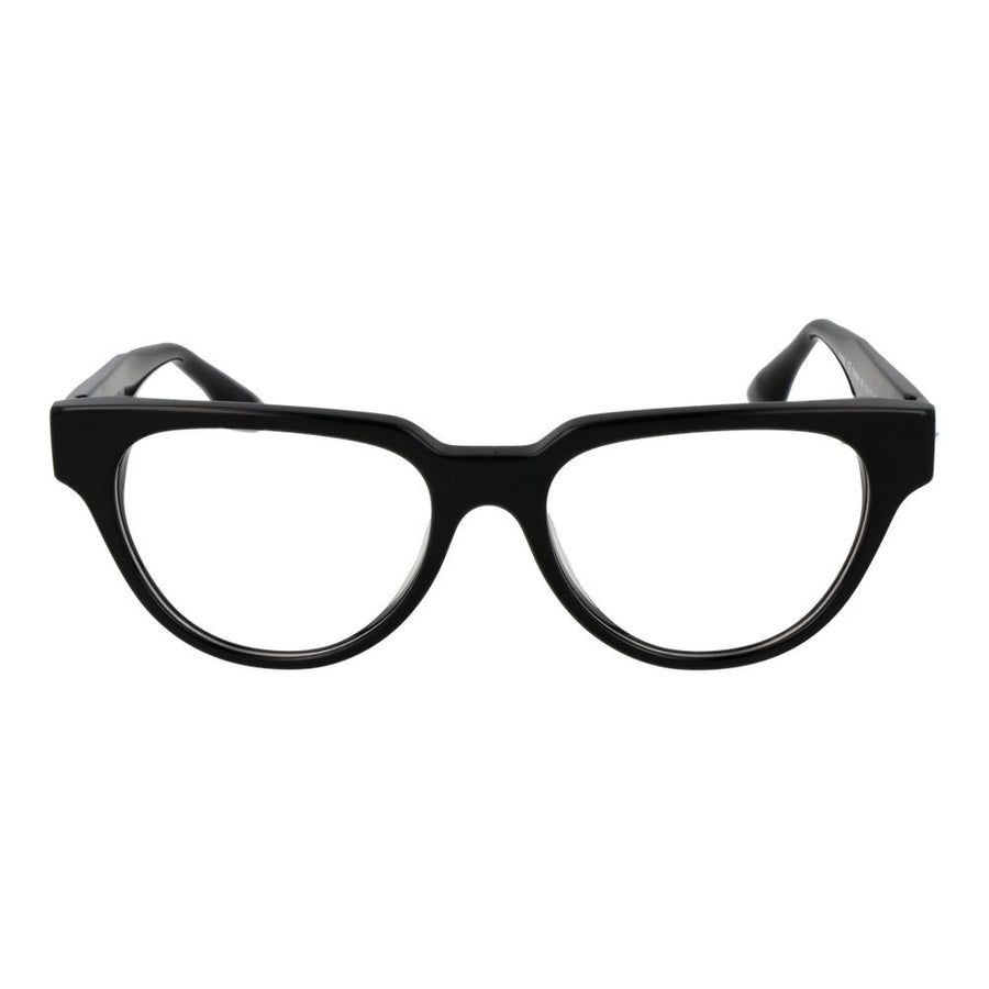 Black acetate cat-eye eyeglass frames with textured temples and gold logo plaque