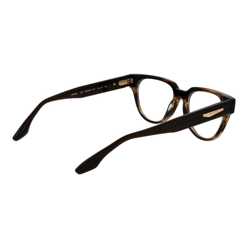 Brown tortoiseshell acetate eyeglass frames with textured temples and gold logo detail