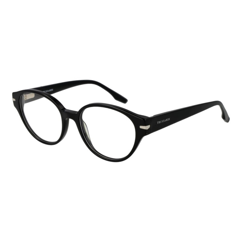 Black acetate eyeglasses with a classic round frame design and thick temples