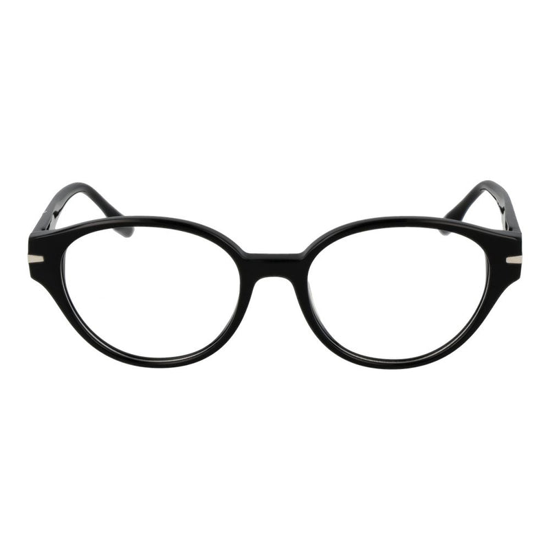 Black acetate round eyeglass frames with thick rims and metal corner accents