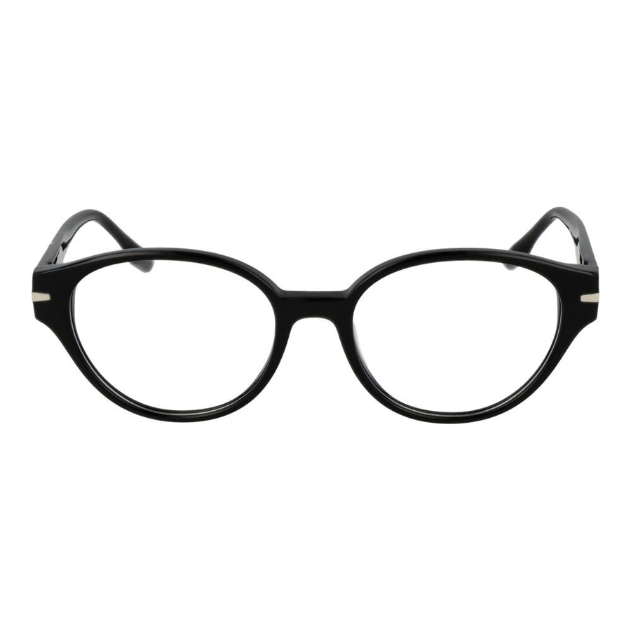 Black acetate eyeglasses with a classic round frame design and thick temples