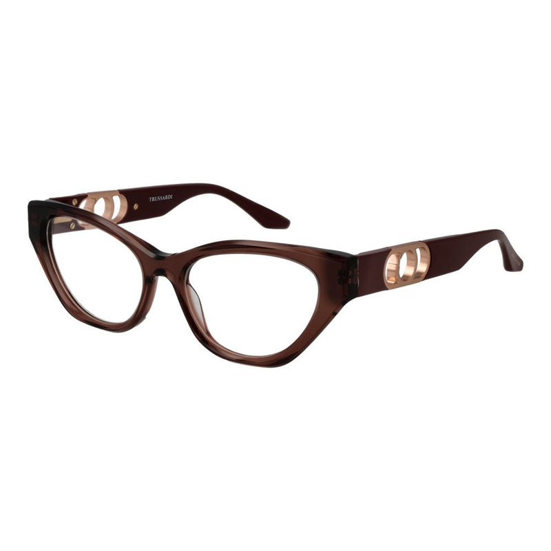 Brown acetate cat-eye glasses frames with metallic cutouts on the temples