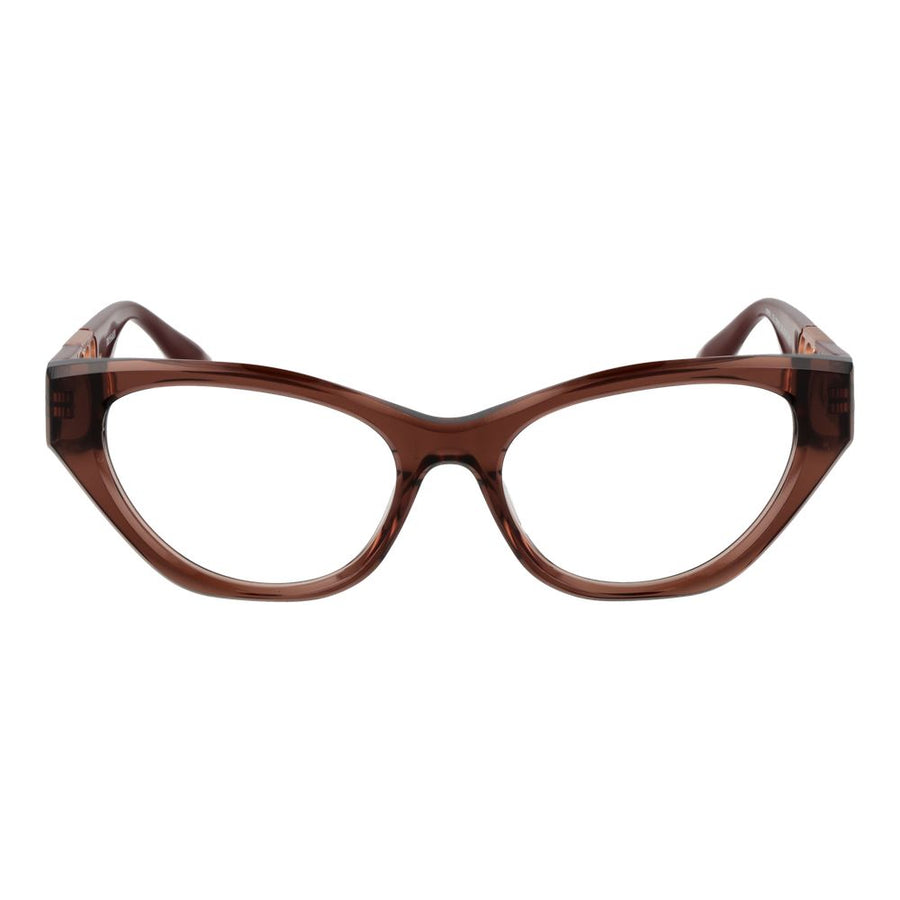 Brown acetate cat-eye glasses frames with metallic cutouts on the temples