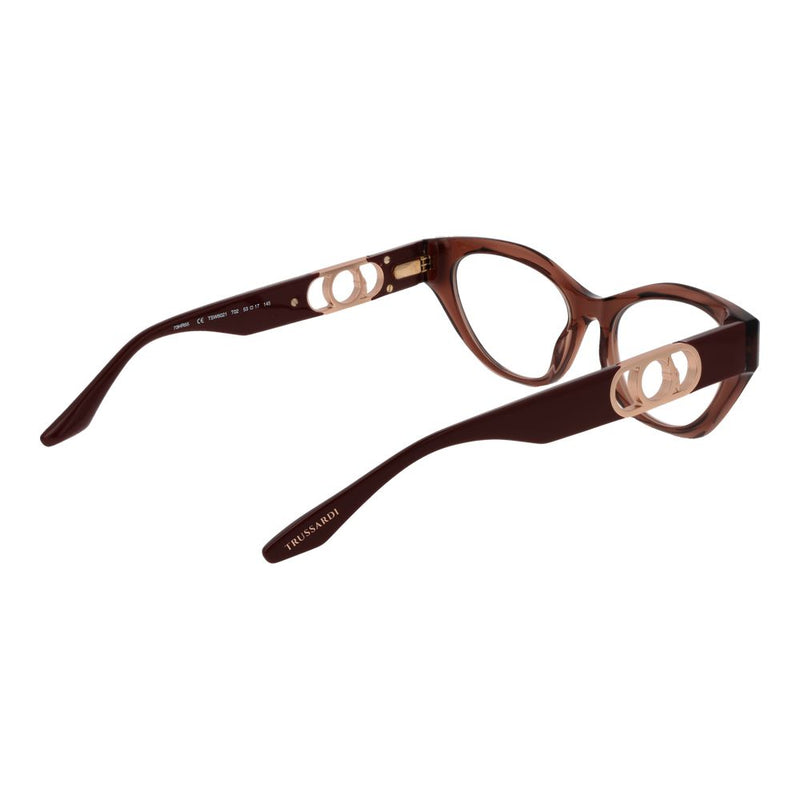 Brown cat-eye acetate eyeglass frames with gold side logos