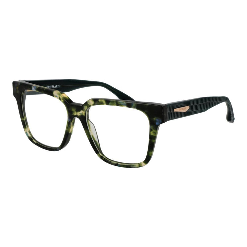 Green and black tortoiseshell acetate square eyeglass frames with ridged temples