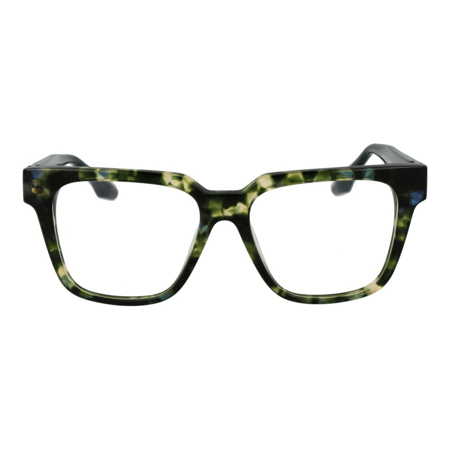 Green and black tortoiseshell acetate square eyeglass frames with ridged temples