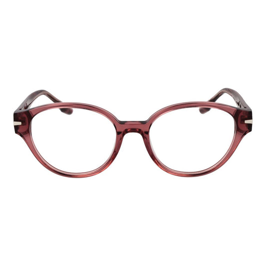 Translucent pink acetate eyeglass frames in a rounded cat-eye style