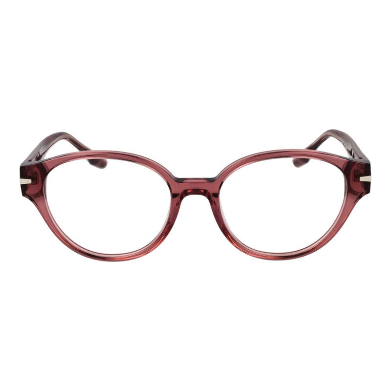 Translucent pink acetate eyeglass frames in a rounded cat-eye style