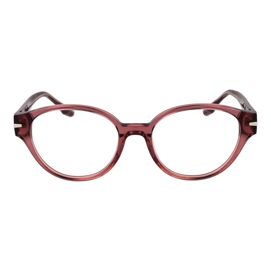 Translucent pink acetate eyeglass frames with rounded lenses