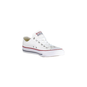 White fabric Converse low-top women's sneaker with silver eyelets, white laces, and red and blue foxing stripes.