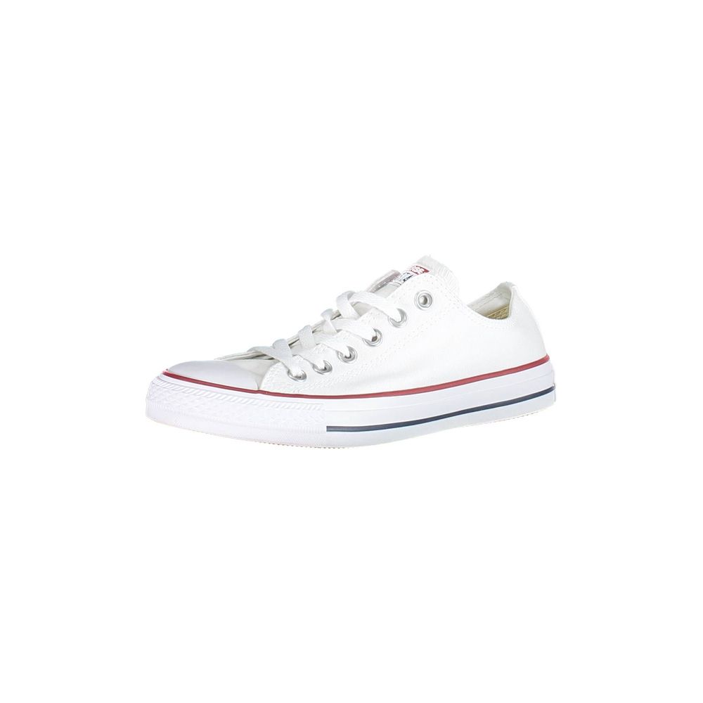 White fabric Converse women's low-top sneaker with red and blue sole stripes and silver eyelets.
