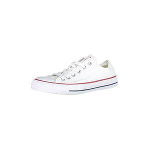 White fabric Converse women's low-top sneaker with red and blue sole stripes and silver eyelets.