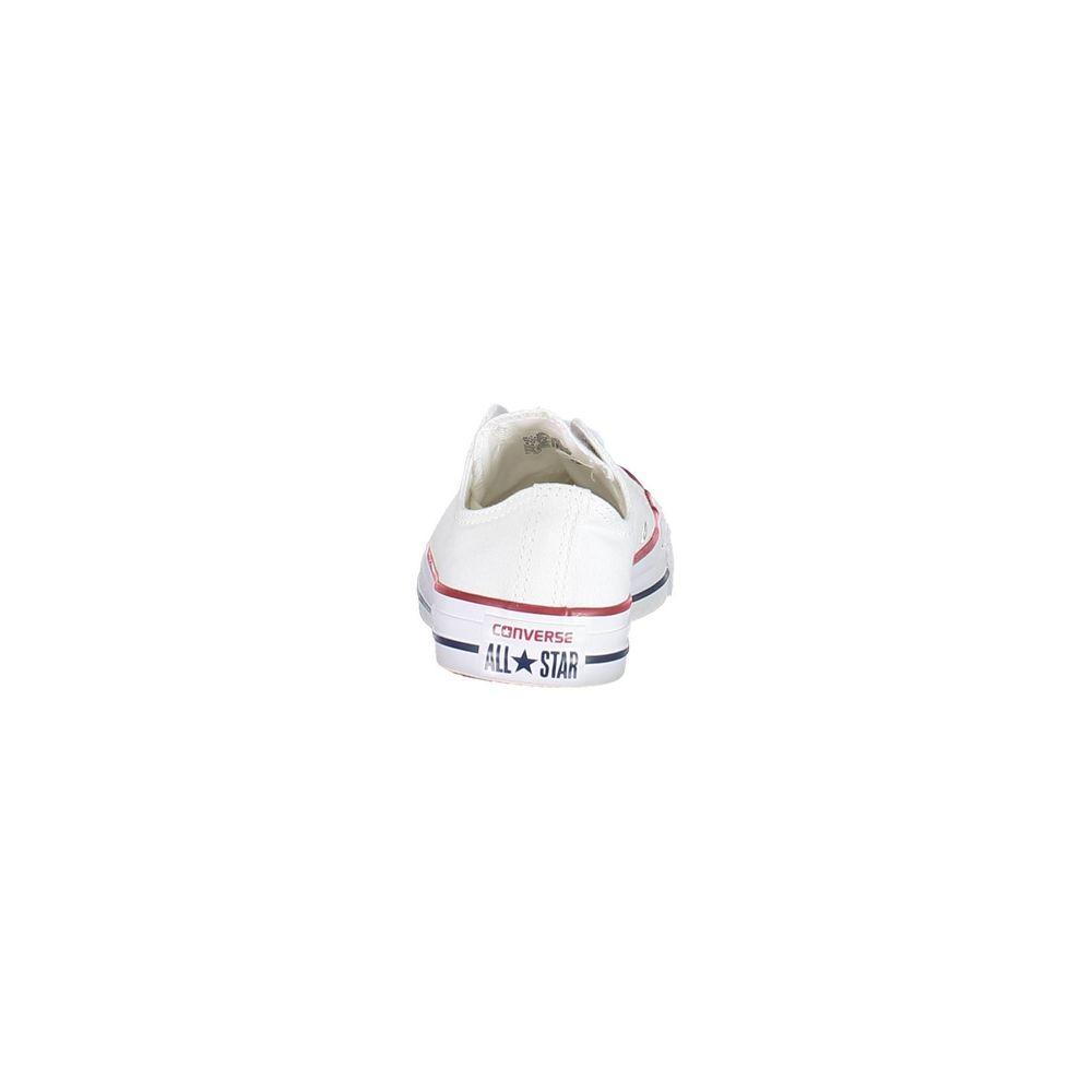 Rear view of white Converse fabric women's sneaker with All Star heel logo.