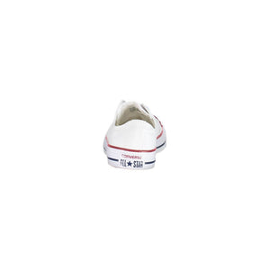 Rear view of white Converse fabric women's sneaker with All Star heel logo.