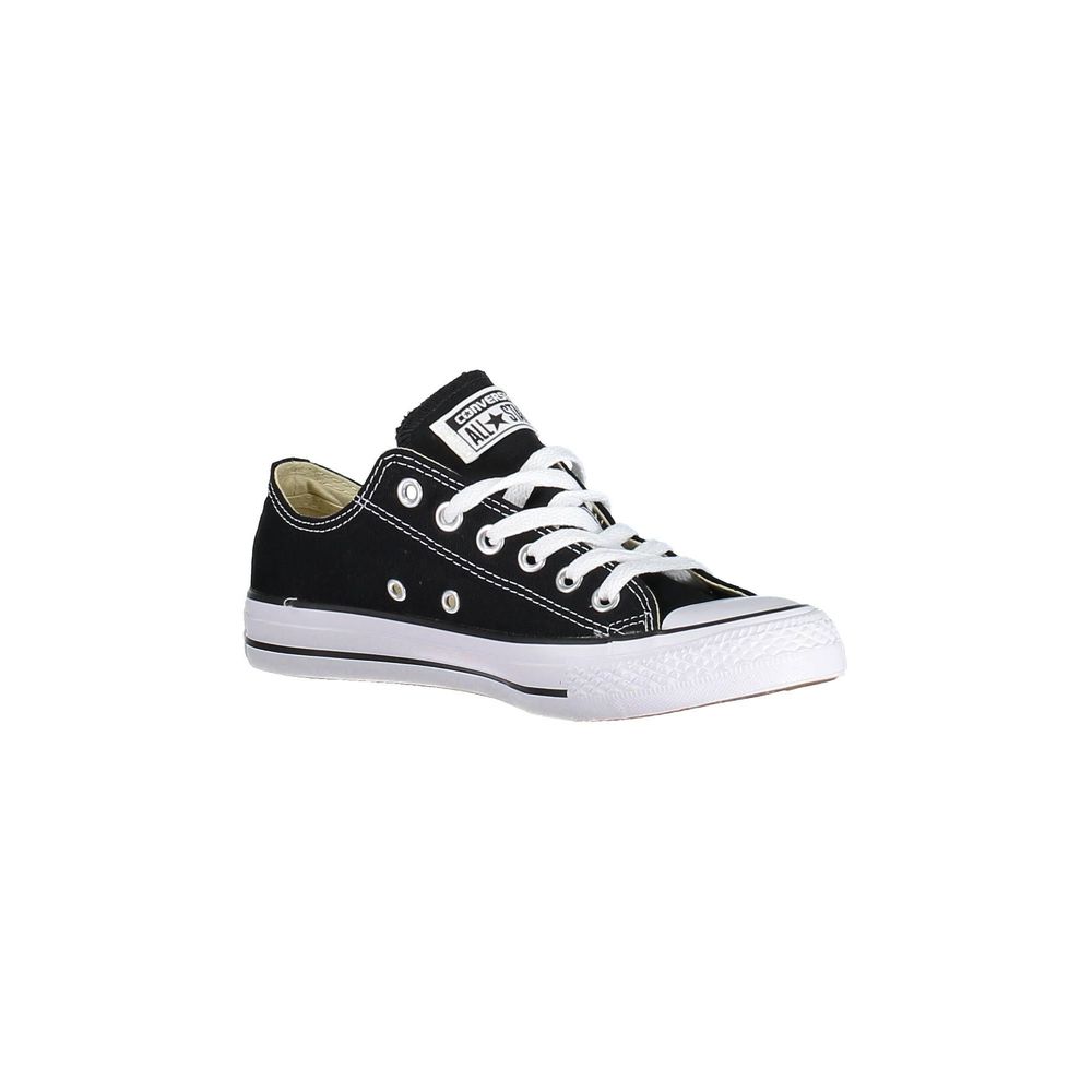 Black textile low-top Converse sneaker with white laces, white rubber toe cap, and white midsole.