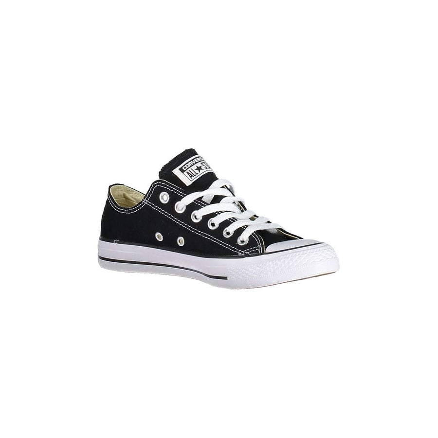 Black textile low-top Converse sneaker with white laces, white rubber toe cap, and white midsole.