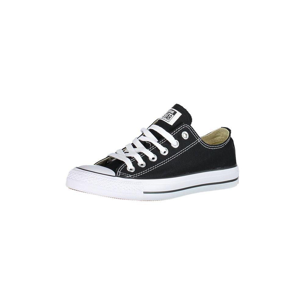 Black canvas low-top Converse sneaker with white laces, white rubber toe cap, and white midsole with black trim.