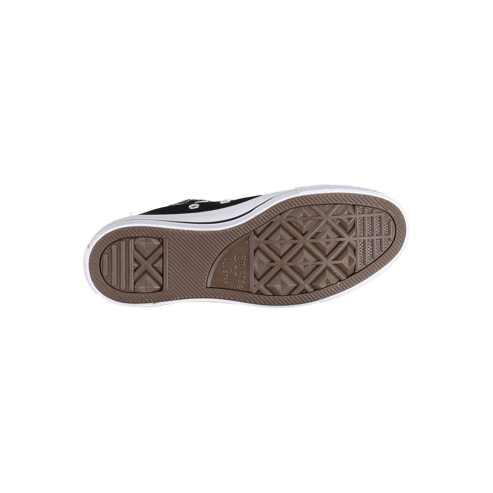 Bottom view of a black Converse women's textile sneaker, featuring a brown diamond-patterned rubber traction sole.