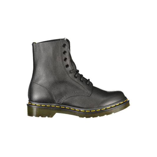 Side view of a black leather Dr. Martens unisex lace-up boot with signature yellow stitching and a thick rubber sole.