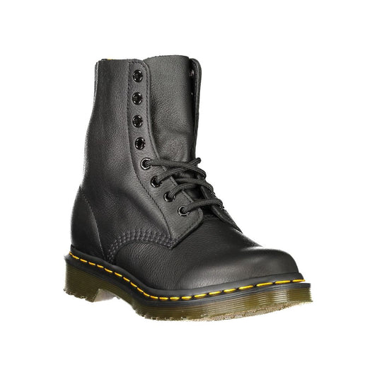 Black leather Dr. Martens unisex lace-up boot with iconic yellow welt stitching and a rubber sole.