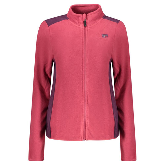 Pink polyester women's fleece zip-up sweatshirt with purple side panels and a high collar