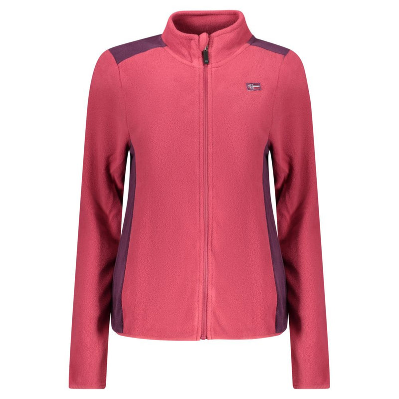 Pink polyester women's fleece zip-up sweatshirt with purple side panels and a high collar