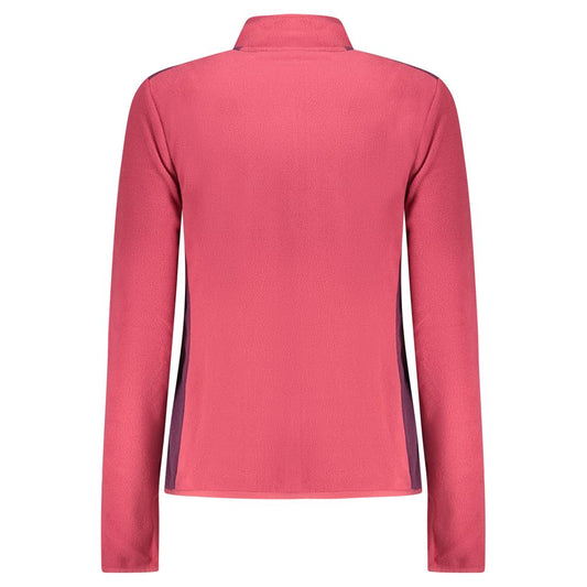 Pink fleece pullover sweatshirt for women with long sleeves and a mock neck, shown from the back