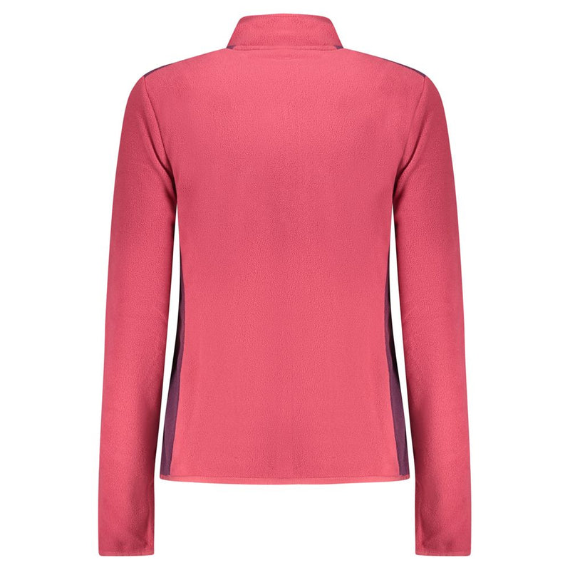 Pink fleece pullover sweatshirt for women with long sleeves and a mock neck, shown from the back