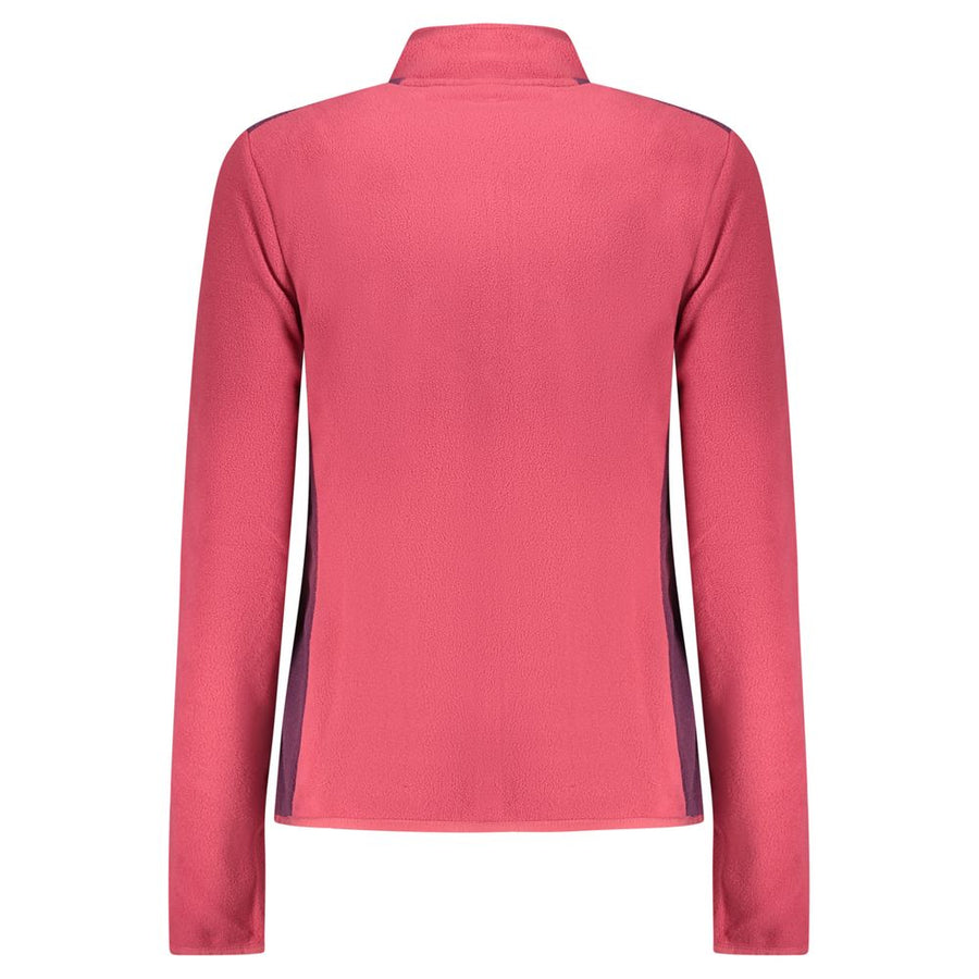 Pink polyester women's fleece zip-up sweatshirt with purple side panels and a high collar