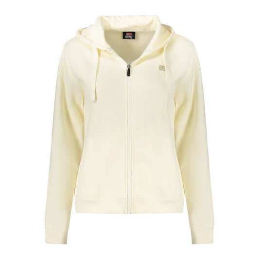 White cotton women's zip-up hoodie sweatshirt with drawstring hood and front pockets