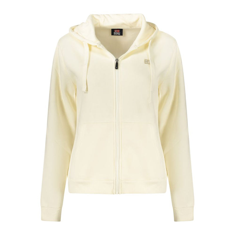 White cotton women's zip-up hoodie sweatshirt with drawstring hood and front pockets