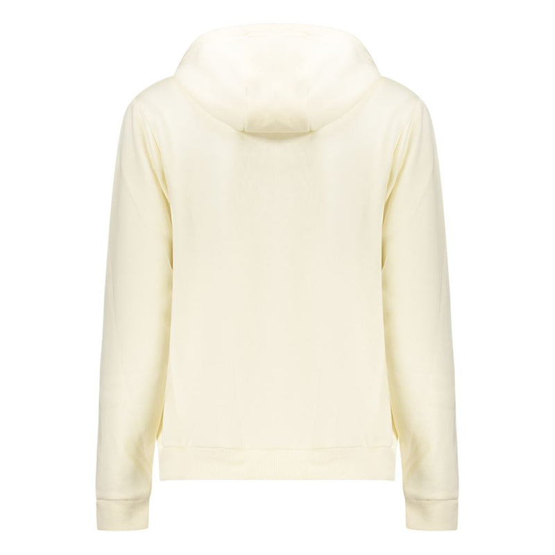 Back view of a white cotton women's hoodie sweatshirt with a plain design