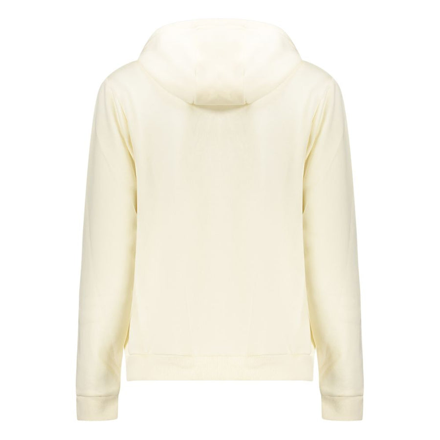 White cotton women's zip-up hoodie sweatshirt with drawstring hood and front pockets