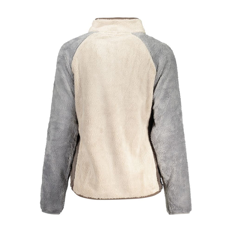 Beige and grey fleece zip-up sweatshirt with a stand-up collar