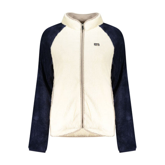 Cream and navy blue fuzzy fleece zip-up sweatshirt with a stand collar